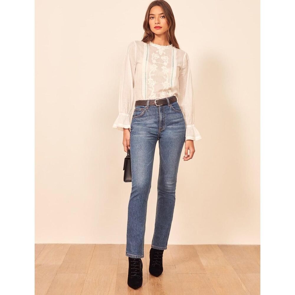 Reformation Lisa High Rise Straight Long Jeans Palermo Blue 32" Inseam Sz 28